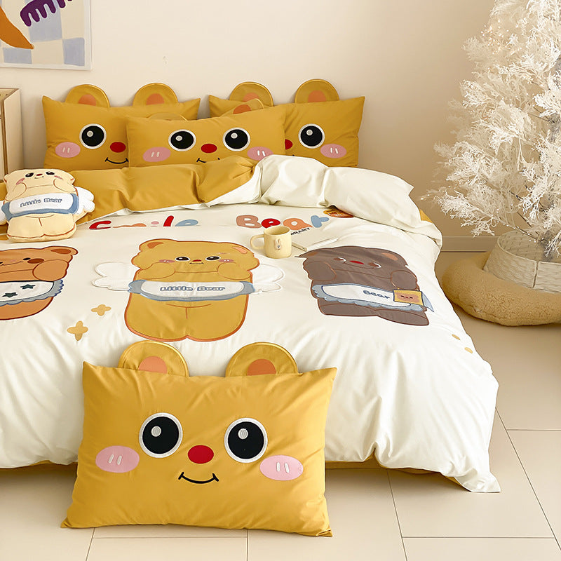 Kinder Cartoon Katze Baumwollsatin Bettbezug Set mit ohrförmigen Kissenbezügen und plüschigem Akzentkissen