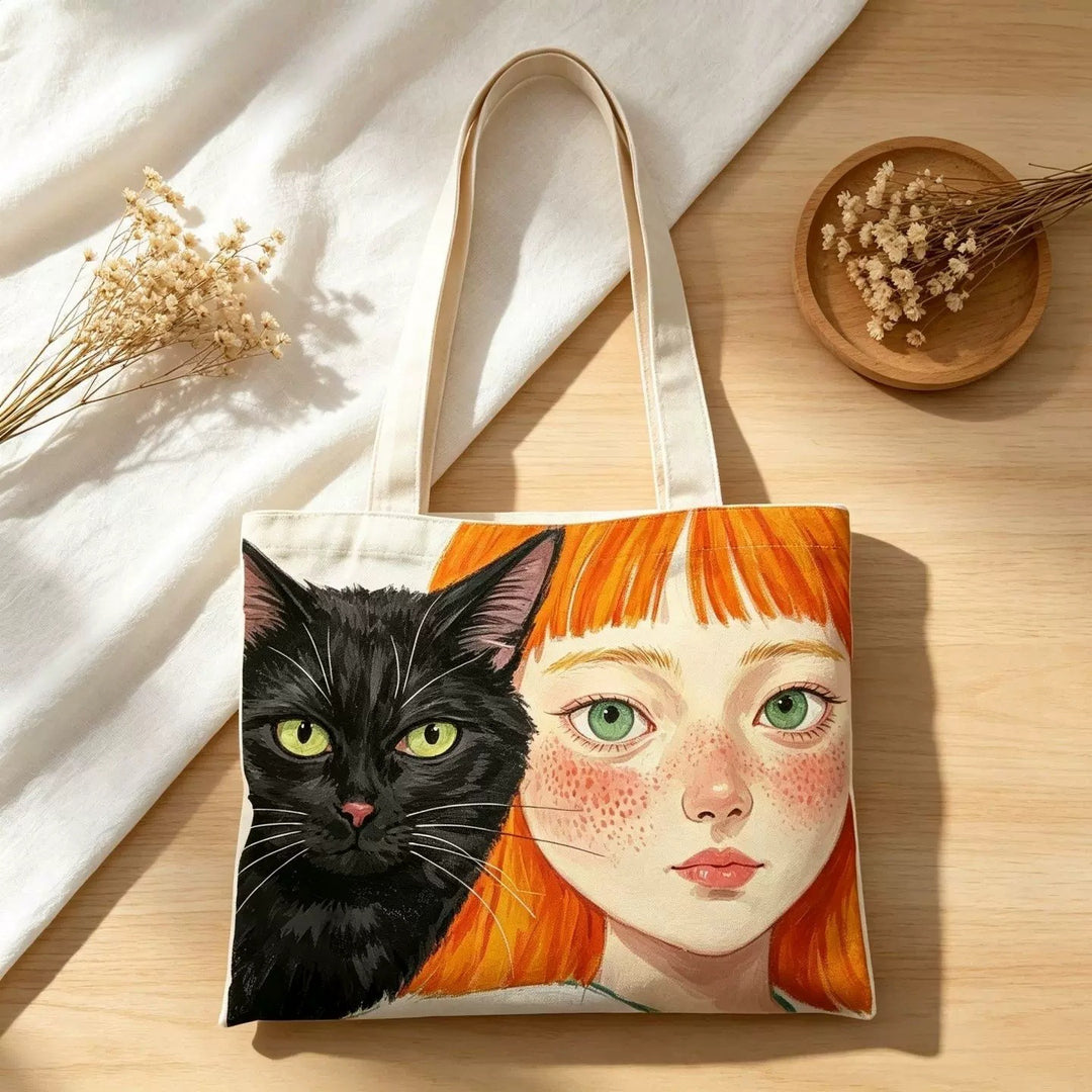 Illustrierte Katze und Junge Canvas Tragetasche