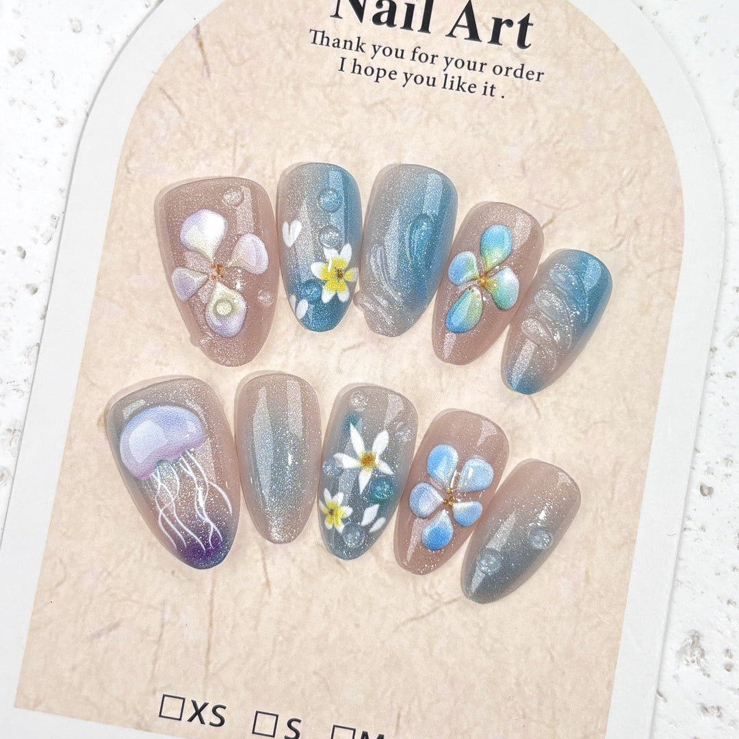 Blumeninspiriertes Künstlerisches Press-On-Nagel-Set
