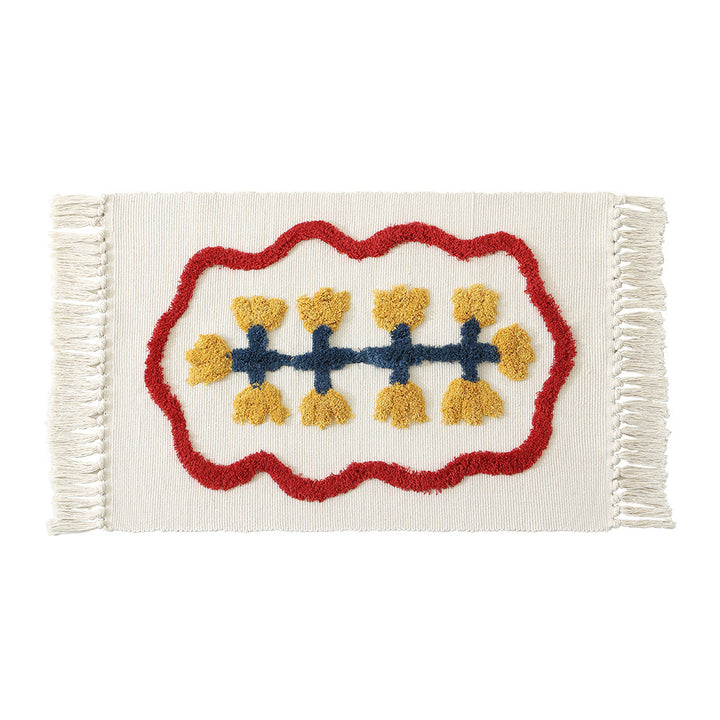 Handgewebter Baumwoll-Badmattenteppich mit Tufting-Blumenapplikation und Quasten Karnz