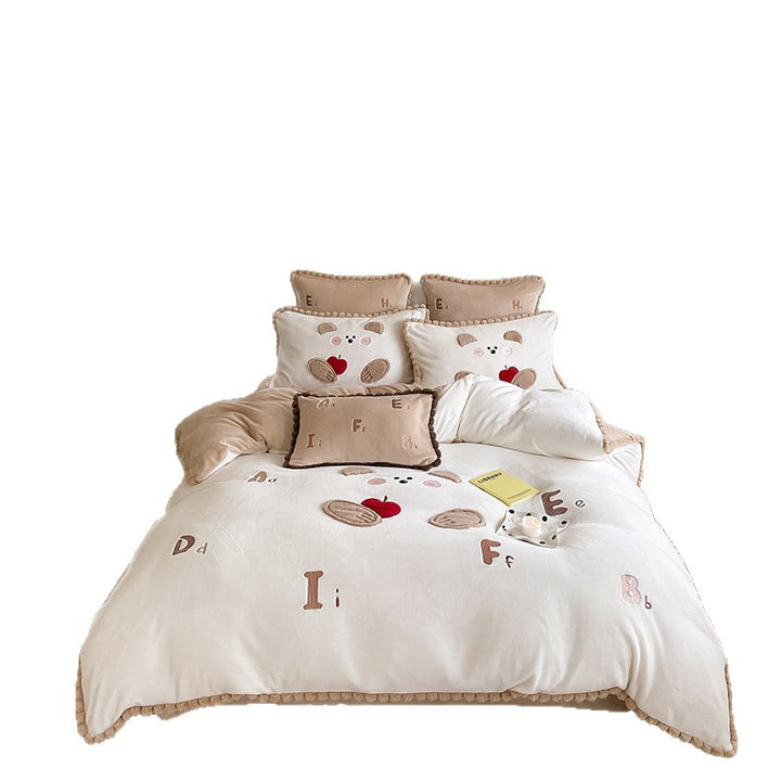 Kinder-Bettwäsche-Set mit Plüschwelpen, Vichy-Karo und Pompon-Bordüre