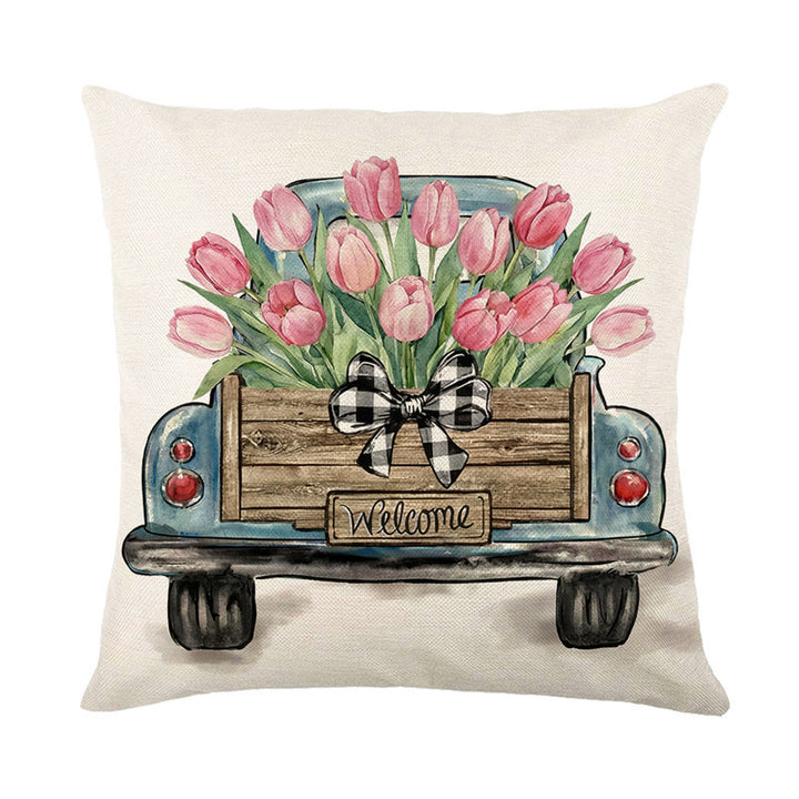 Dekorative Kissenbezug mit Leinenstruktur, quadratisch, mit Aquarell-Tulpenkorb-Druck und Gingham-Schleifenakzent