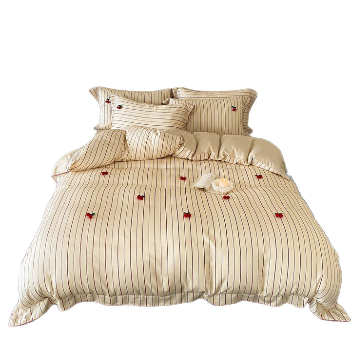 Reversibles Baumwollsatin-Bettwäsche-Set mit feinen Streifen & Kirschenapplikation