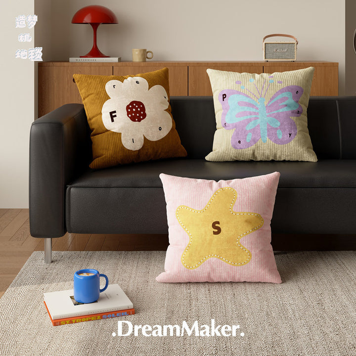 Decorative Square Throw Pillow Cover with Ribbed Texture and Large Floral Appliqué