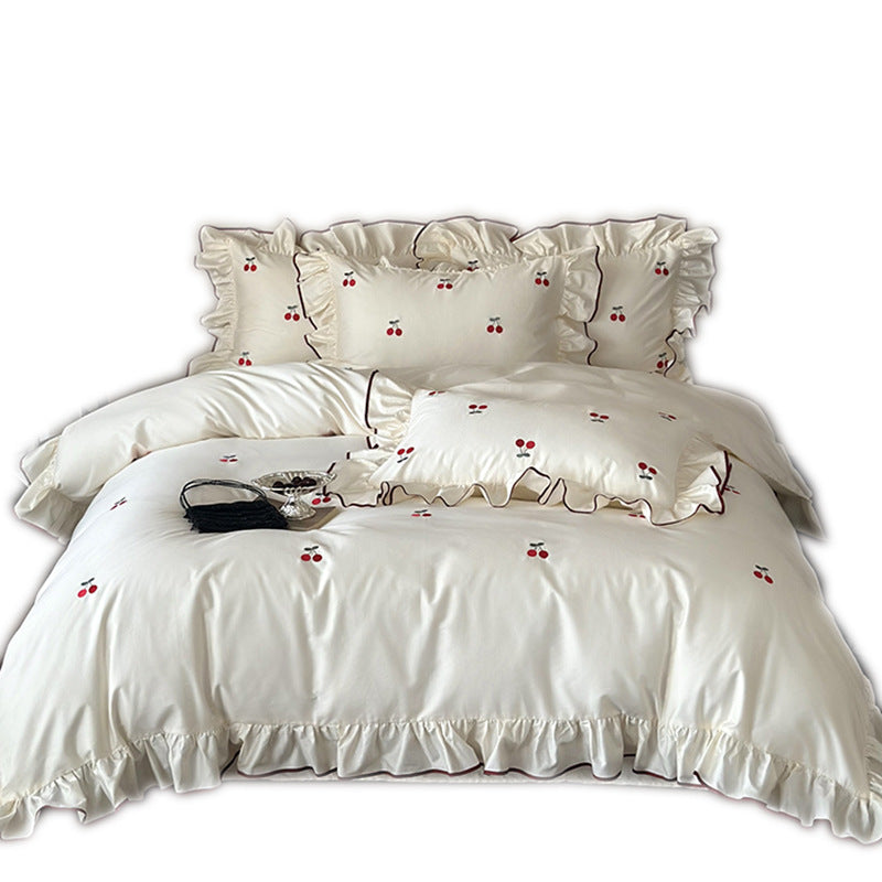 Luxus-Bettwäsche-Set aus Baumwollsatin mit Rüschen und Kirschenstickerei