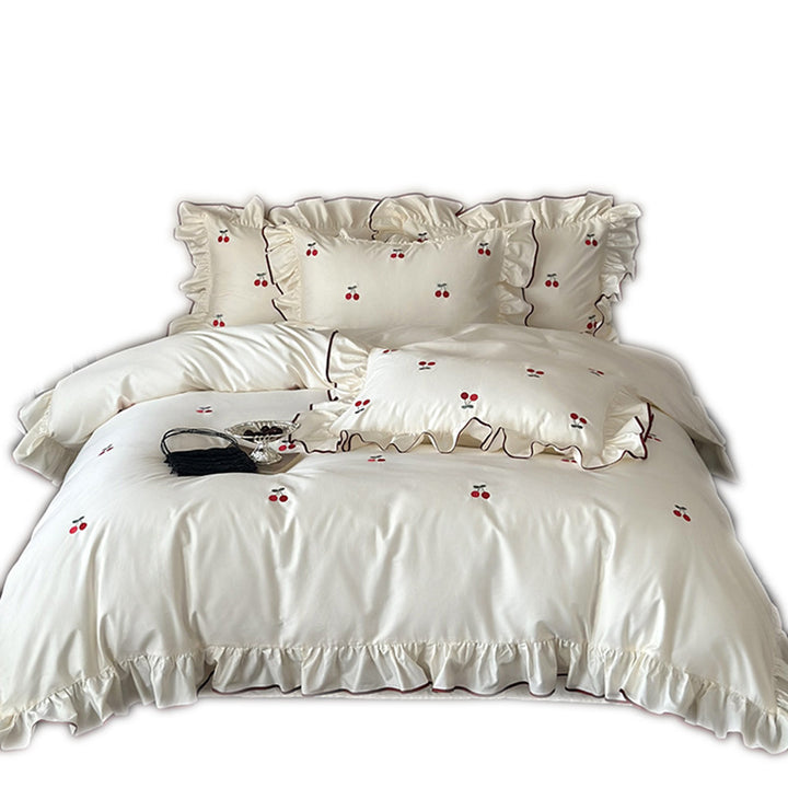 Luxus-Bettwäsche-Set aus Baumwollsatin mit Rüschen und Kirschenstickerei