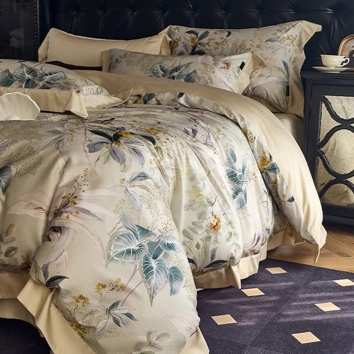 Seidiger Satin Botanisches Toile Bettbezug Set