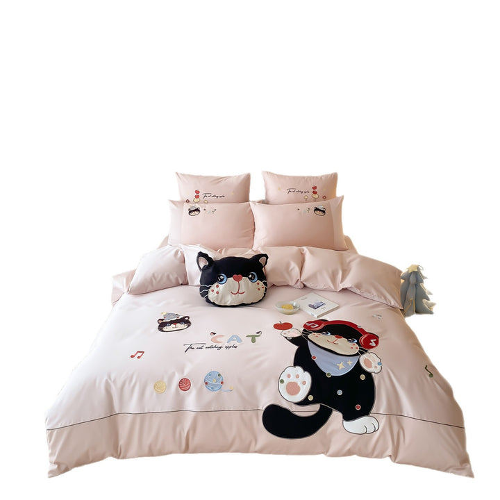 Bettwäsche-Set mit appliziertem Katzenmotiv und Kuschelkissen