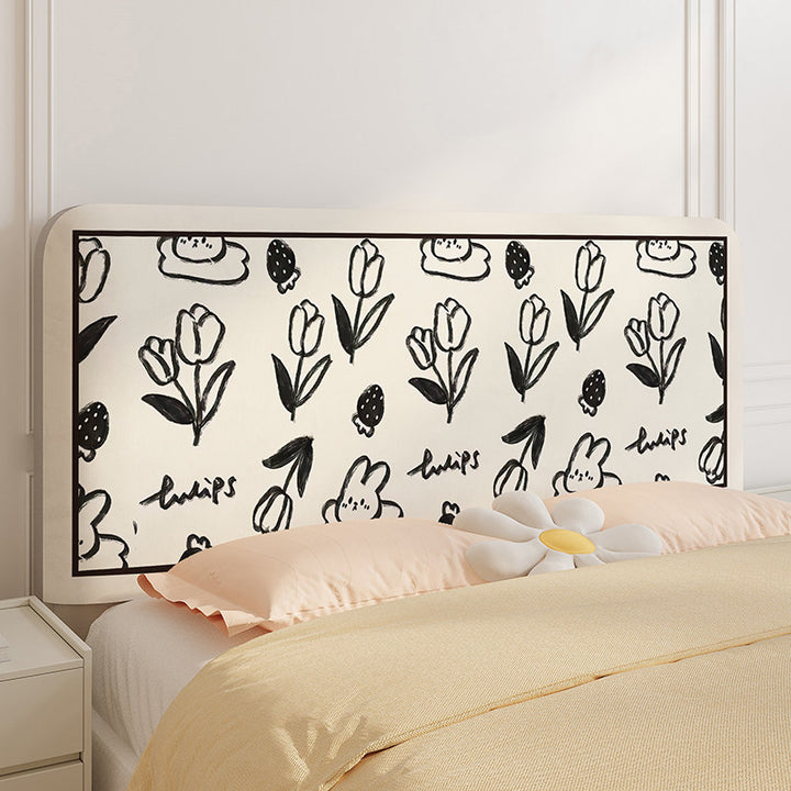 Decorative Upholstered Headboard Cover with Hand-Drawn Tulip & Bunny Print