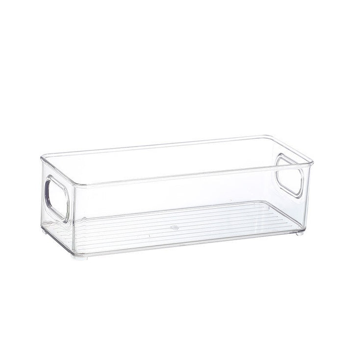 Flache transparente Aufbewahrungsbox mit integrierten Griffen und rutschfestem Boden