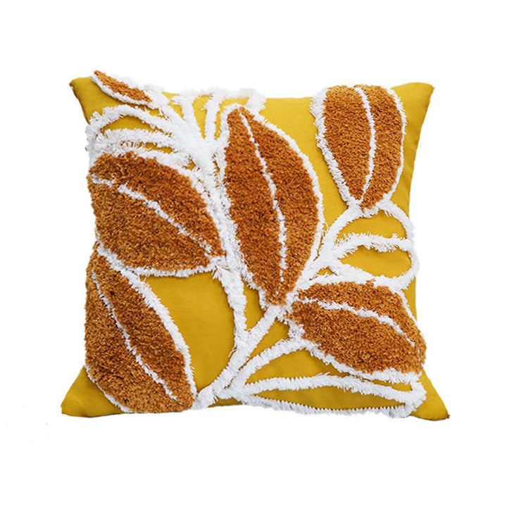 Quadratischer Kissenbezug mit reliefiertem Blatt‑Tufting und Chenille‑Applikation Karnz