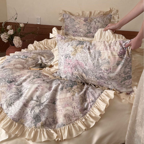 Romantisches Satin-Bettwäsche-Set mit Volant und feinem Toile-Print