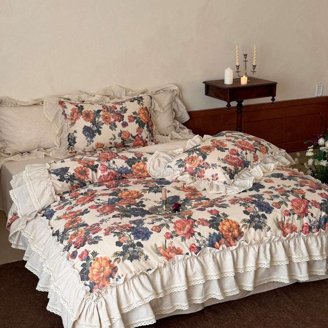 Florales Rüsch Baumwoll-Leinen Bettbezug Set mit Spitzenbordüre und Euro-Kissenbezügen