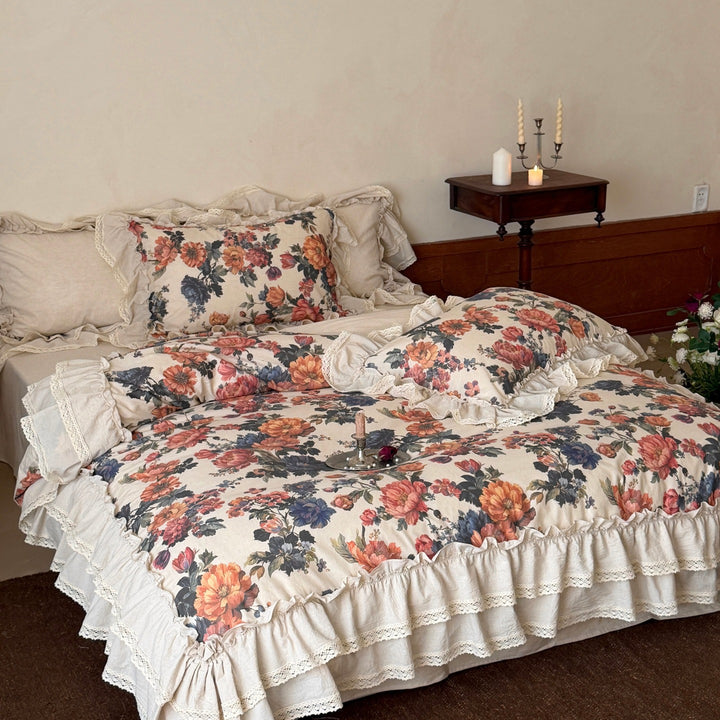 Florales Rüsch Baumwoll-Leinen Bettbezug Set mit Spitzenbordüre und Euro-Kissenbezügen