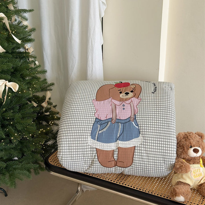 Kinder-Steppdecke mit applizierter Katze und Teddybär extraweiche Kuscheldecke