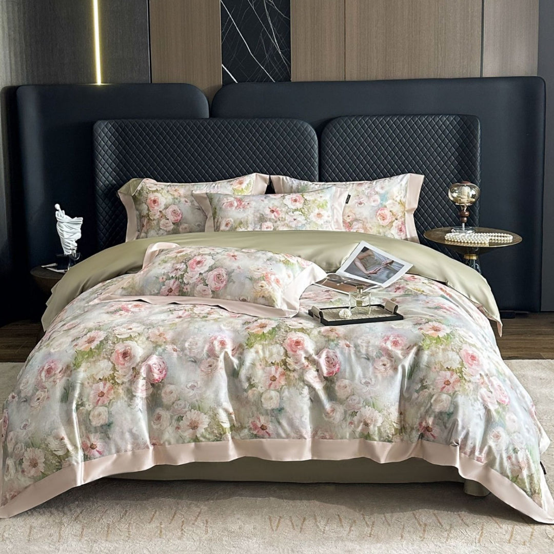Premium-Baumwoll-Satin-Bettwäschegarnitur mit detailliertem Botanischem Toile-Motiv und Satinbordüre