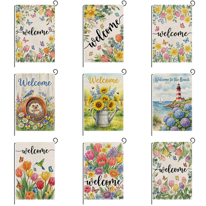 Aquarell Floral Willkommen Gartenflagge Doppelseitige Jute-Textur Outdoor Dekorative Gartenbanner