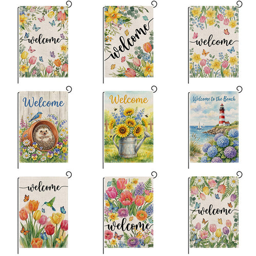 Aquarell Floral Willkommen Gartenflagge Doppelseitige Jute-Textur Outdoor Dekorative Gartenbanner