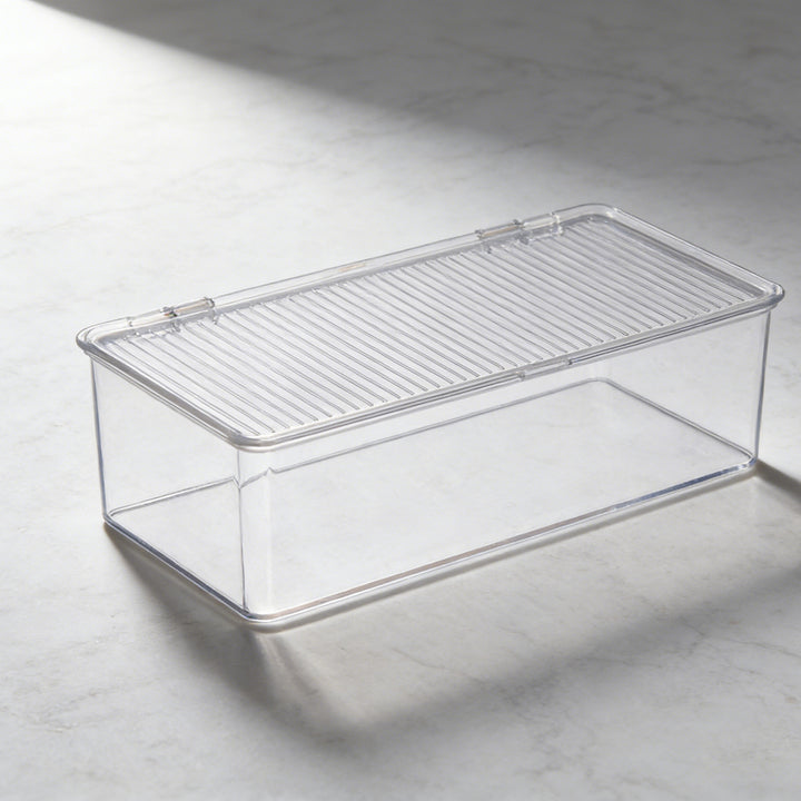 Transparente Aufbewahrungsbox mit Klappverschluss und geriffelter Deckelfläche