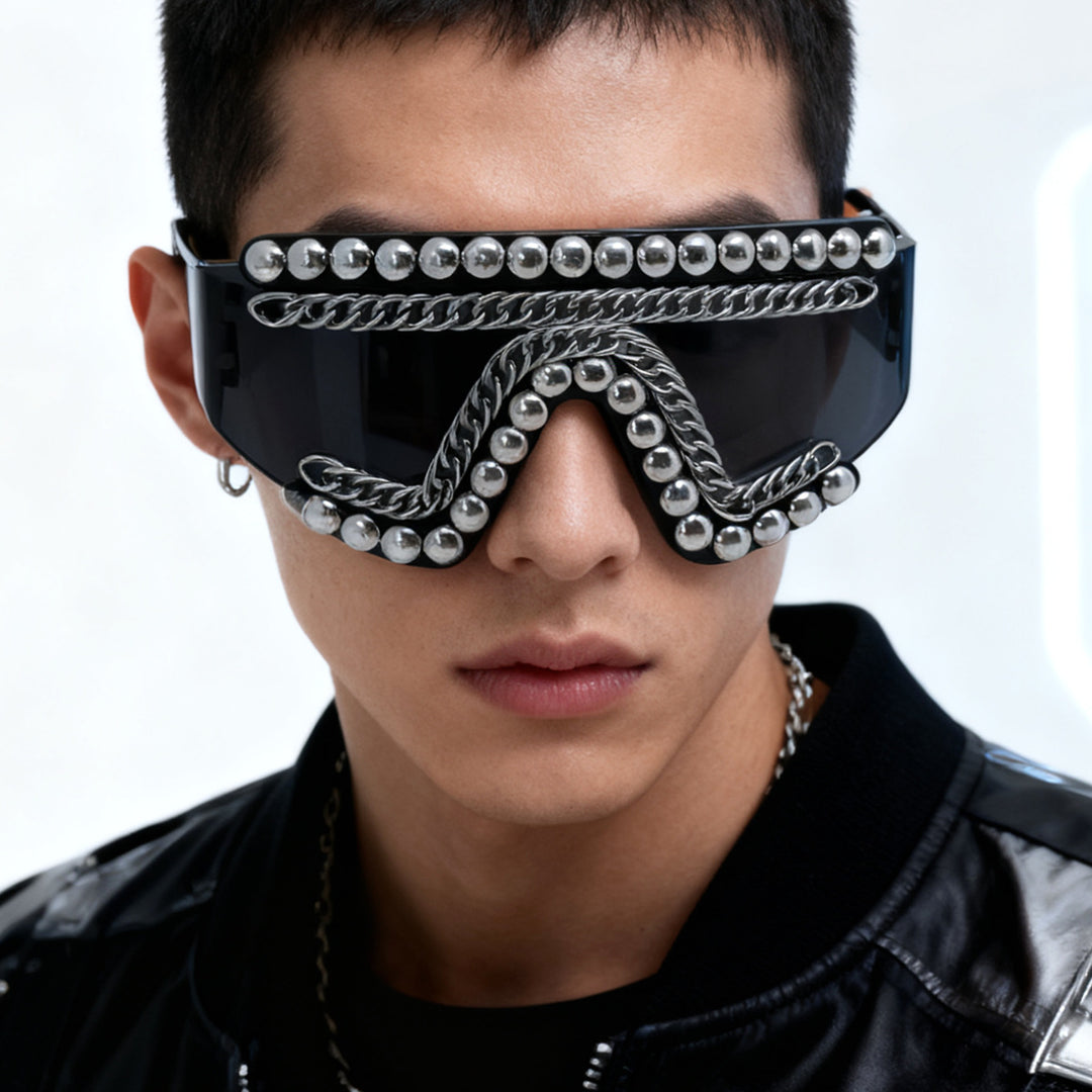 Damen Fashion-Sonnenbrille mit luxuriösem Kettenrahmen und schimmernden Akzenten Karnz