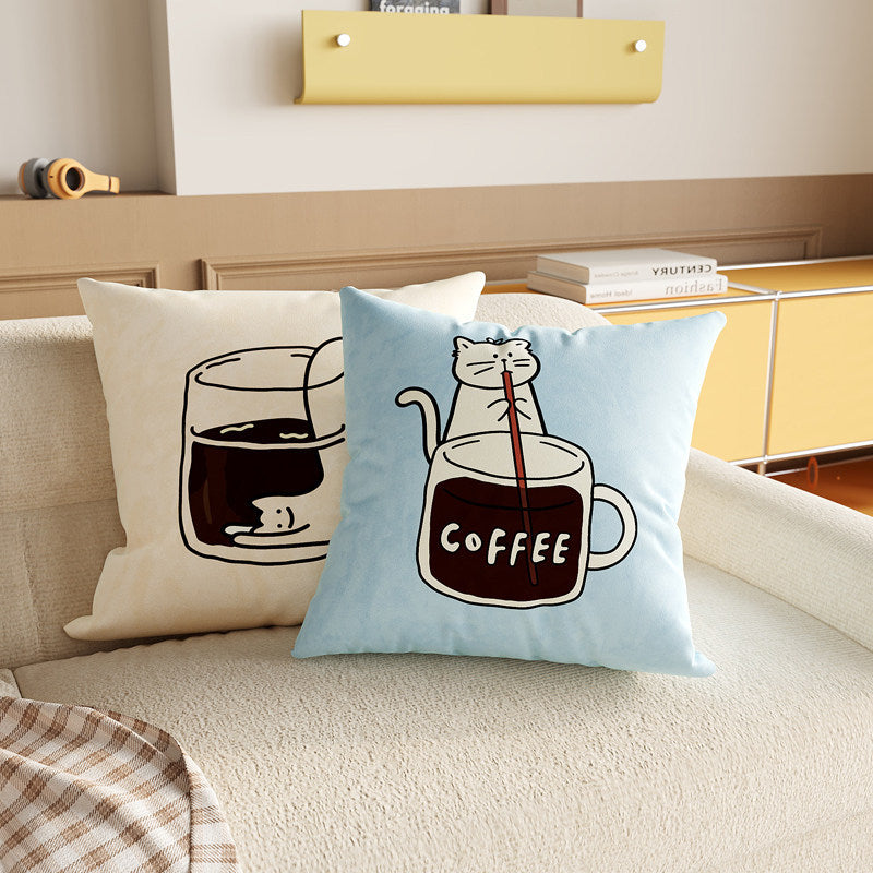 Square Decorative Pillow Cover with Cute Cat Stirring Coffee Illustration Soft Plush Removable Cushion Cover Hidden Zipper