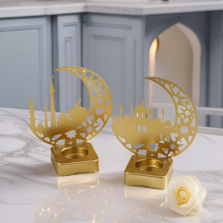 Crescent Silhouette Moschee Teelichtlaterne mit filigranem Metallfuß Karnz