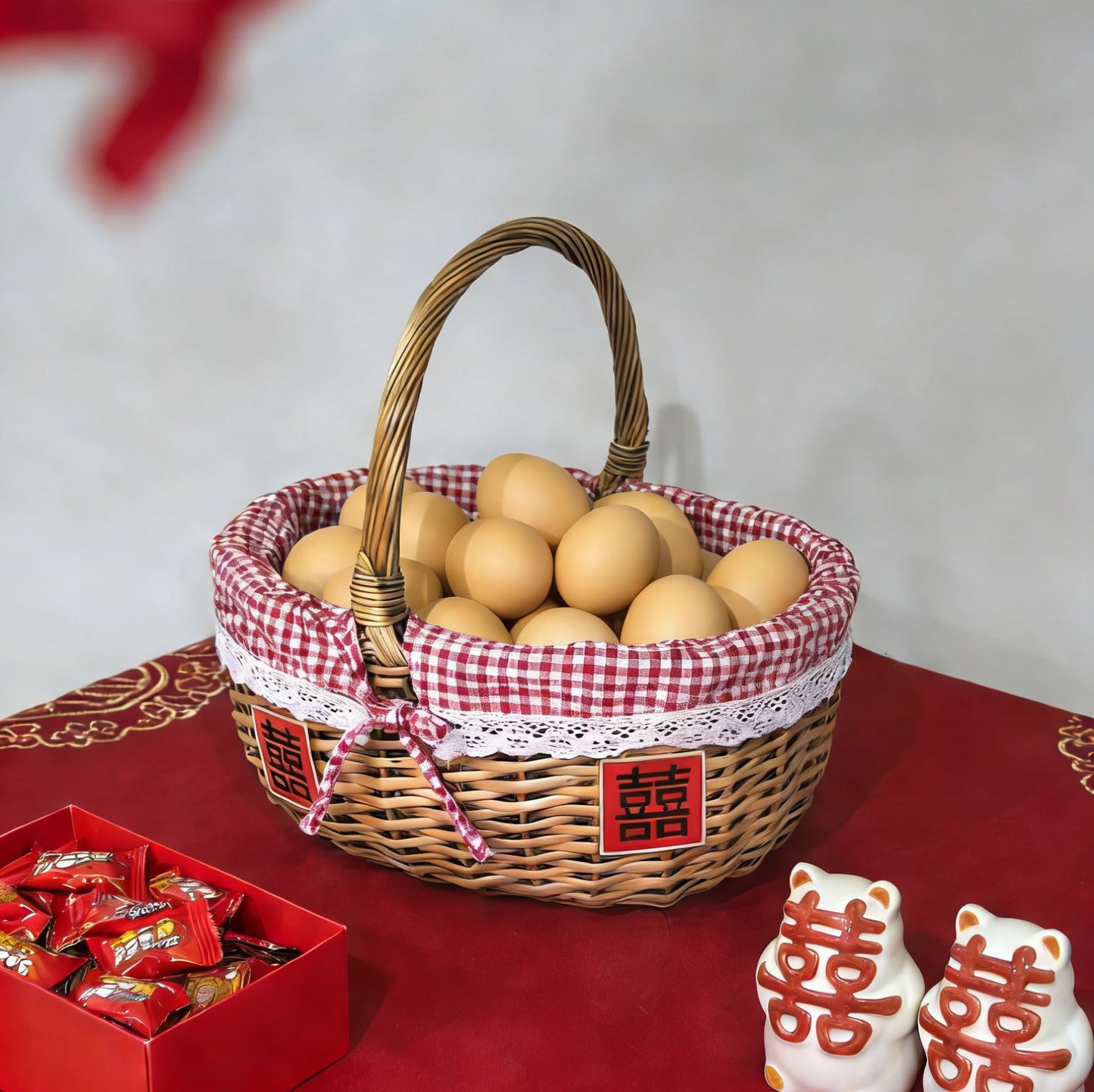 Damen geflochtener Korb mit romantischem Gingham-Muster Karnz