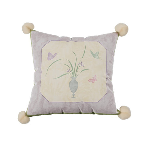 Decorative Velvet Throw Pillow Cover with Pom-Pom Corners and Botanical Butterfly Motif