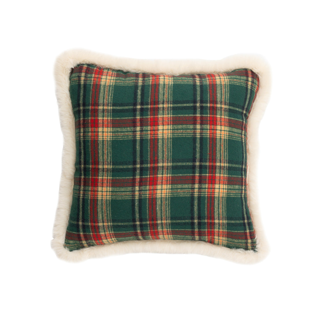 Traditionelles Tartan-Dekokissen mit flauschigem Kunstfellrand