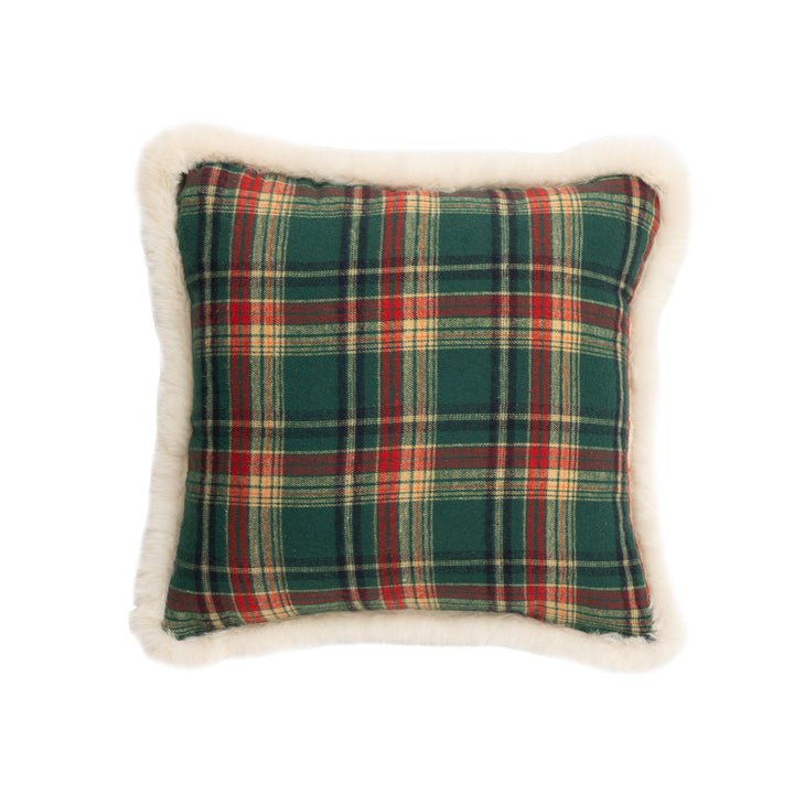 Traditionelles Tartan-Dekokissen mit flauschigem Kunstfellrand