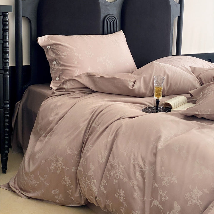 Satin-Mischgewebe Jacquard Floral Bettbezug Set mit Knopfverschluss Kissenbezügen