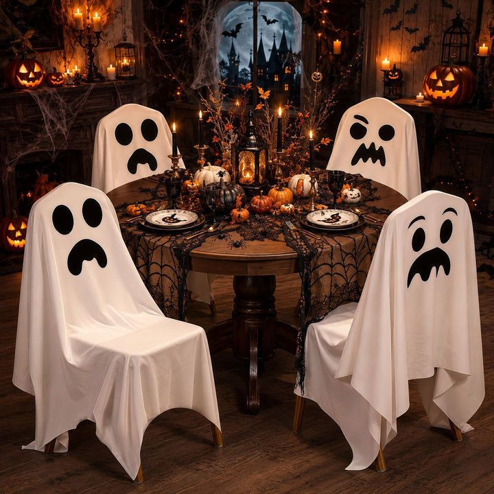 Halloween Stuhlhusse aus Baumwolle mit gespenstischem Gesicht und gezacktem Saum
