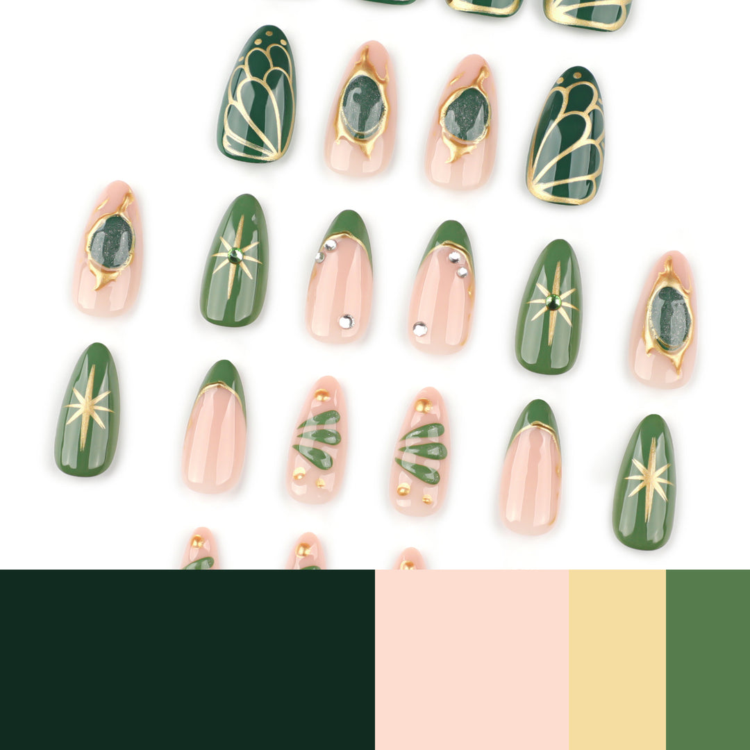 Kunstvolle Nagelverlängerungen mit elegantem Gold- und Grünglanz Karnz