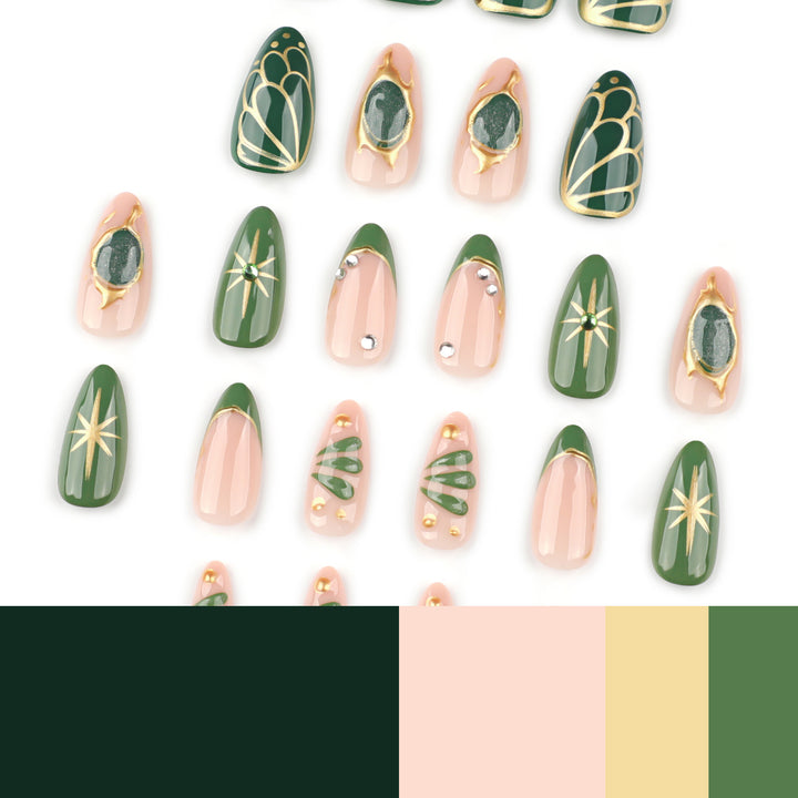Kunstvolle Nagelverlängerungen mit elegantem Gold- und Grünglanz Karnz