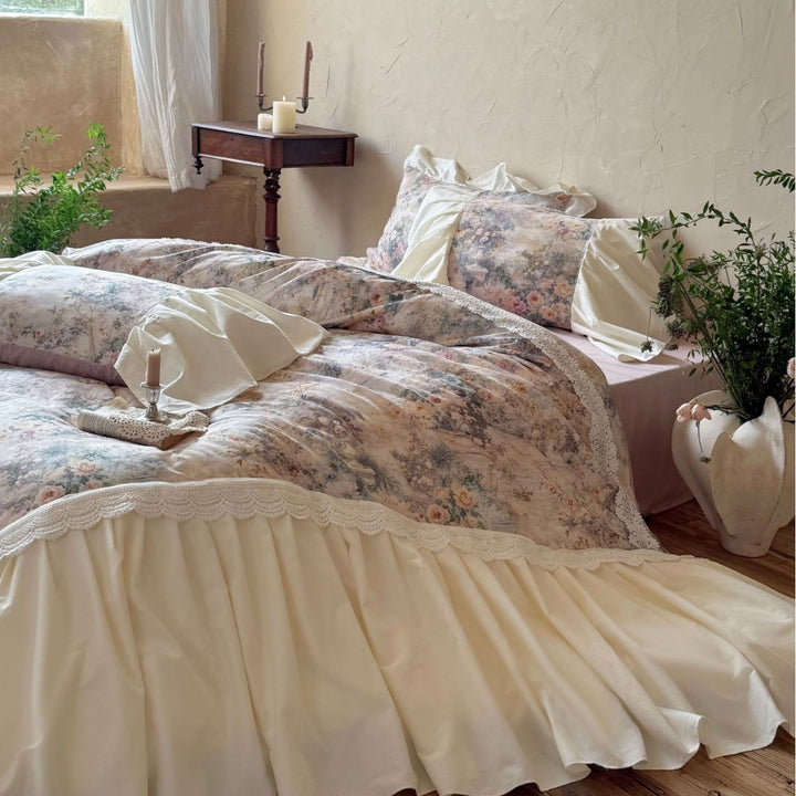 Vintage Floral Ruffled Bettbezug Ensemble mit gerafftem Bettrock