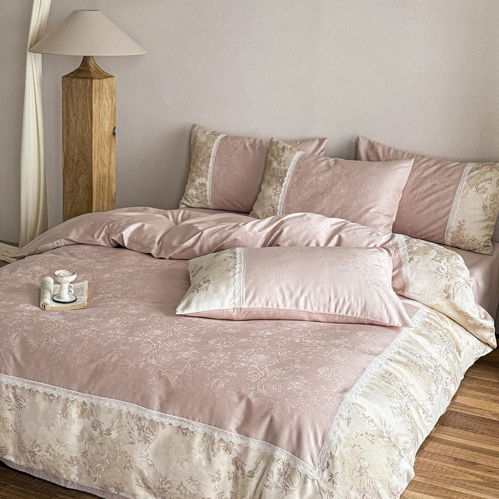 Florales Jacquard Satin Bettbezug Set mit Spitzenbesatz Kissenbezügen