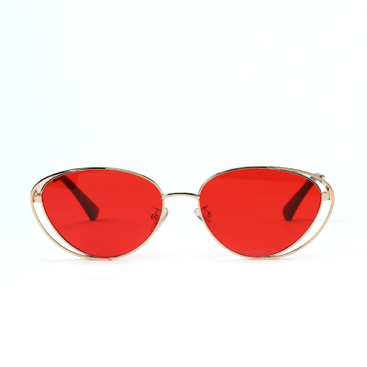 Damen geometrische Sonnenbrille mit rotem Glas und elegantem Metallrahmen Karnz