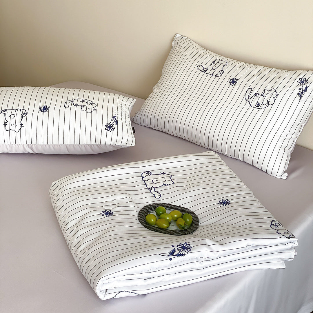 Striped Cotton Embroidered Bed Sheet Set with Pillowcases