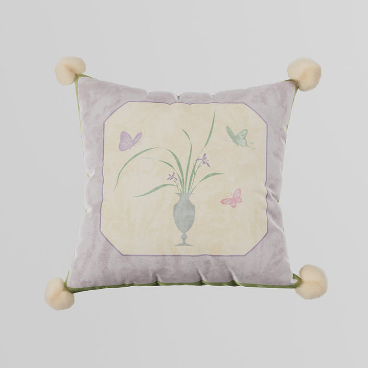 Decorative Velvet Throw Pillow Cover with Pom-Pom Corners and Botanical Butterfly Motif