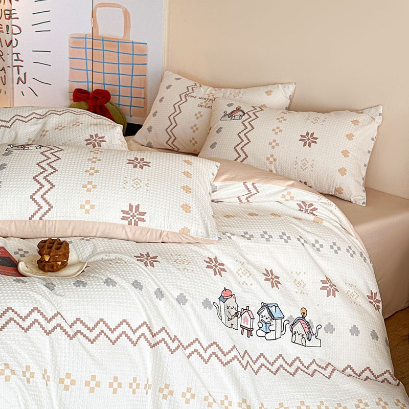 Gesteppt Baumwollsatin Tumble Kitten Druck Komforter und Kissenbezug Set