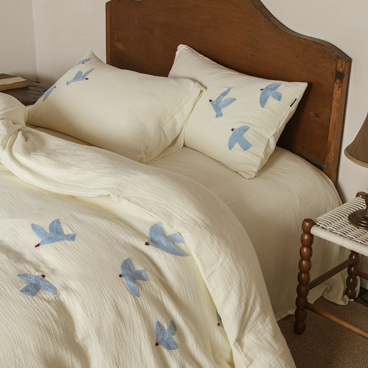 Gewaschenes Baumwoll-Musselin besticktes Vogel Bettbezug-Set