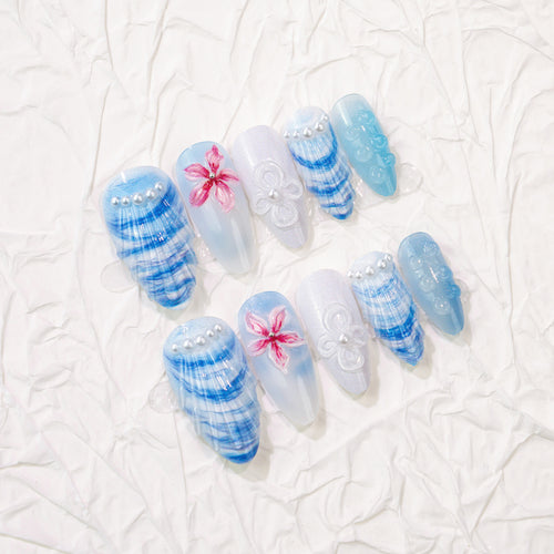 Künstlerisches floral und Muschel-Design Press-On Nagelkunst Set Karnz