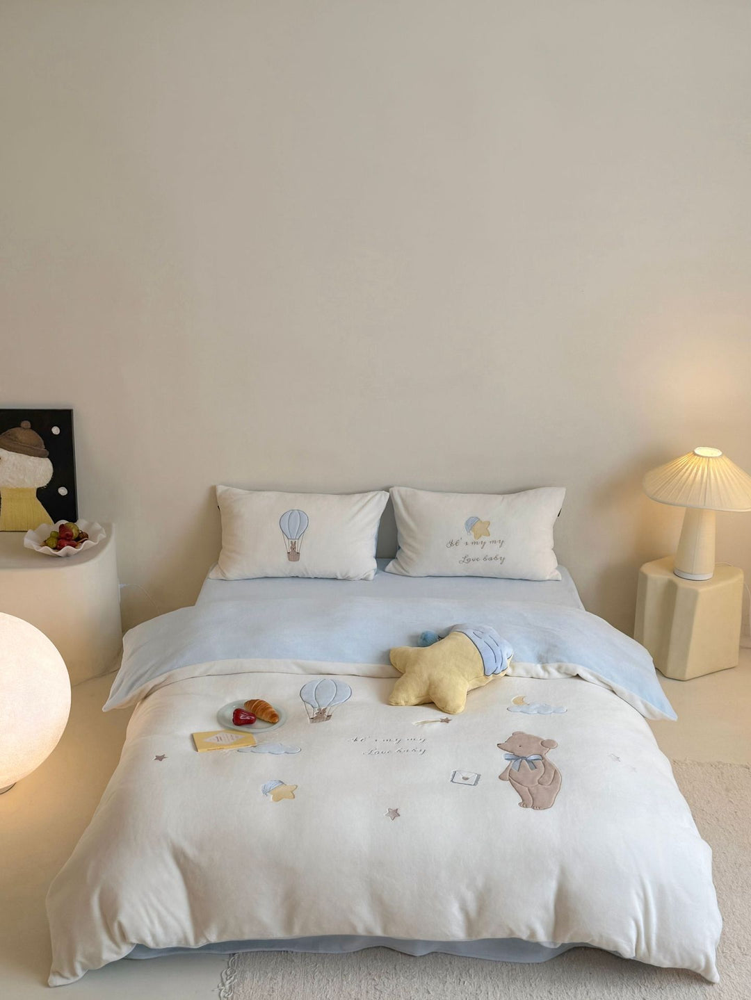 Kinder-Bettwäsche-Set aus Baumwolle mit applizierten Heißluftballon- und Teddybär-Motiven Karnz