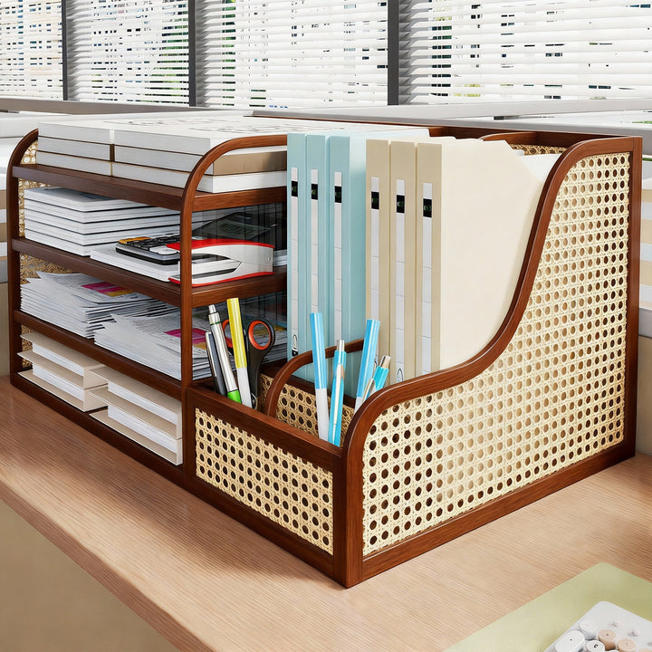 Modularer Holzschreibtisch-Organizer mit Acryl-Dateisortierer und Stiftfächern