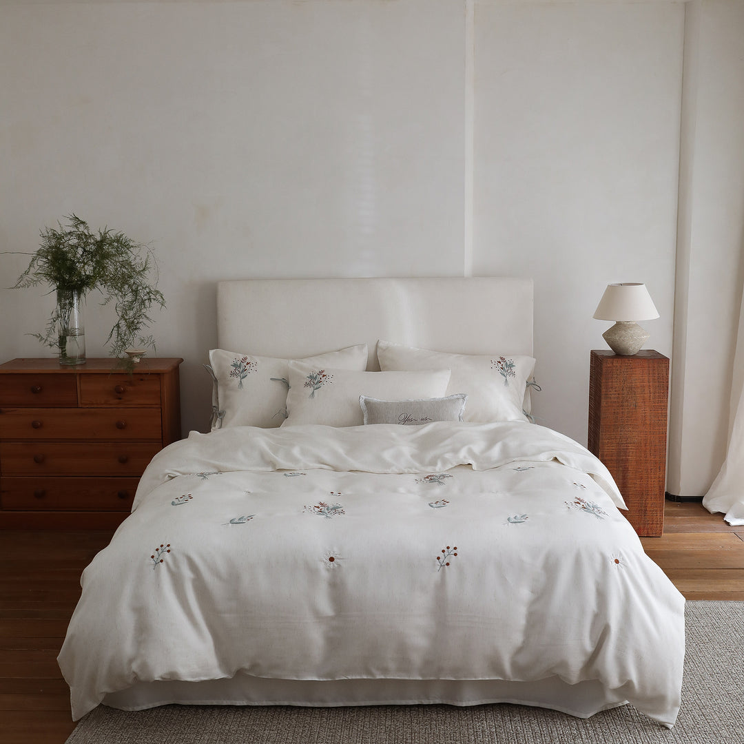 Washed Linen-Cotton Botanical Embroidered Duvet Cover Set with Tied Corner Shams