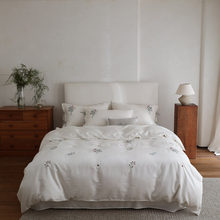 Washed Linen-Cotton Botanical Embroidered Duvet Cover Set with Tied Corner Shams