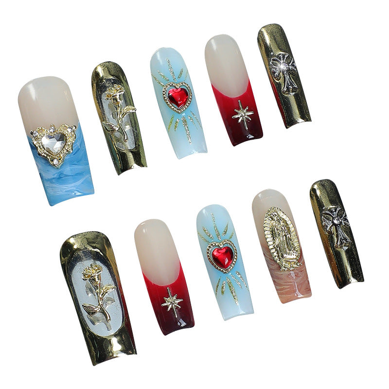 Kunstnagelset mit Kirschmotiv und funkelnden Strasssteinen Karnz