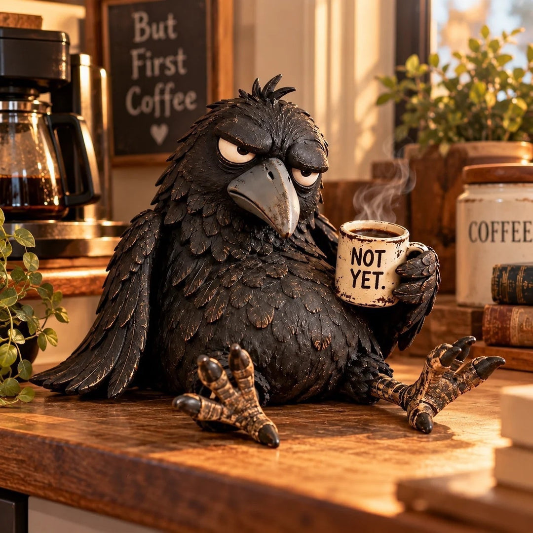 Eigenwillige Krähen Skulptur mit Kaffeetasse Karnz