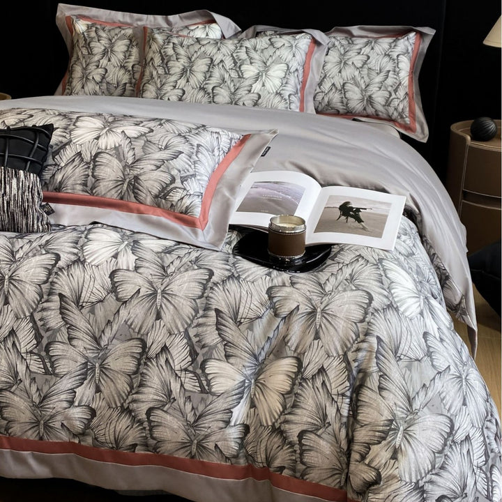 Schmetterlingsdruck Baumwollsatin Bettbezug Set mit Kontrastbordüre