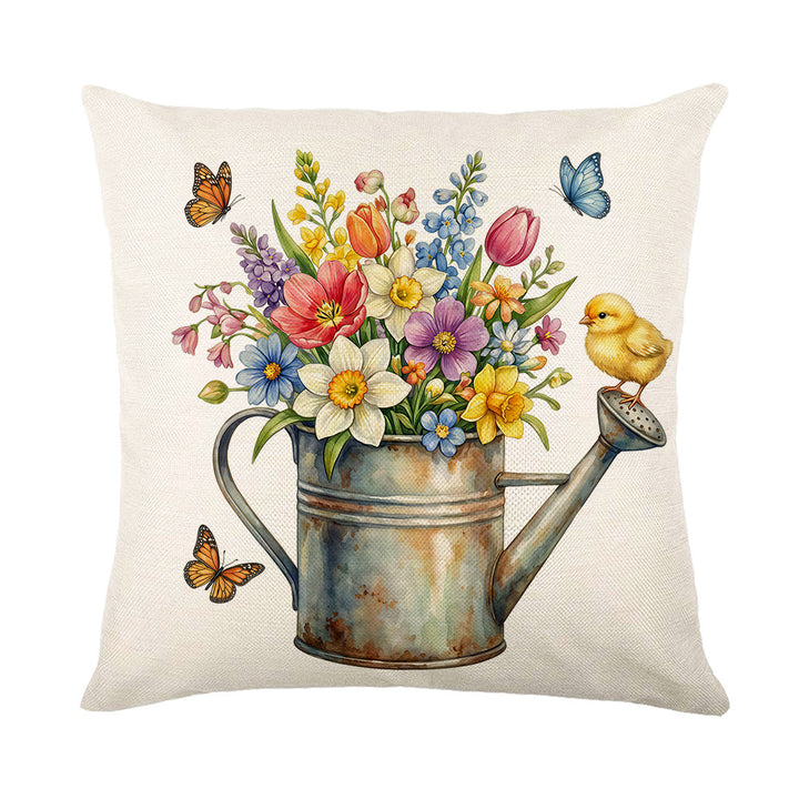 Oster Garten Aquarell Hase Stiefel Illustriert Leinen-Textur Quadrat Wurfkissenbezug